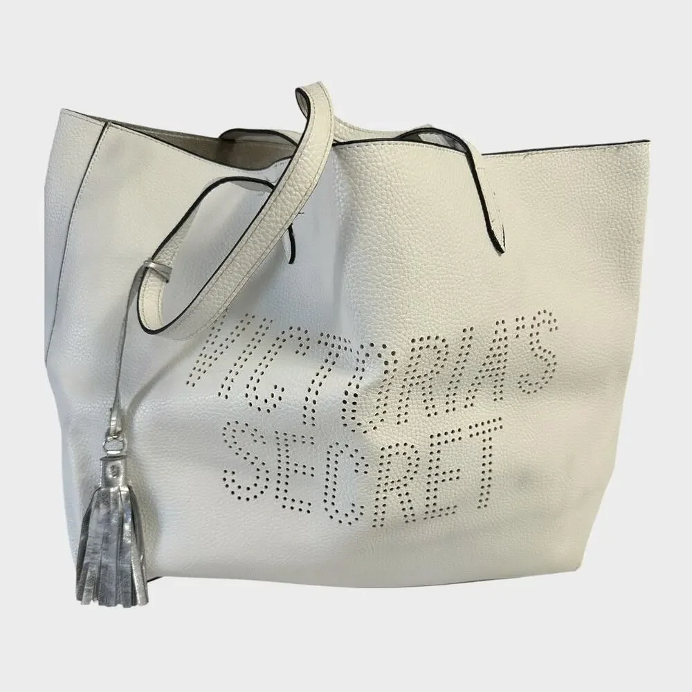 Victoria's Secret Laser-Cut logo Tote Bag in White Faux Leather - Picture 1 of 10